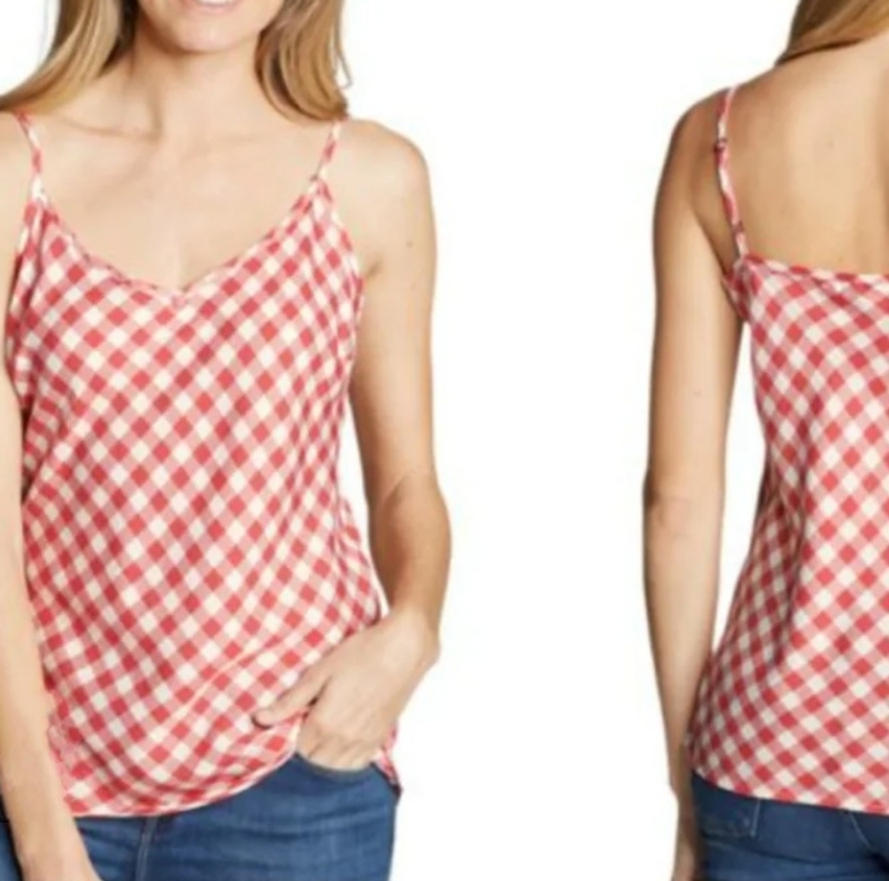🏈 Eddie Bauer EUC plaid checked spaghetti strap summer top Medium red coral